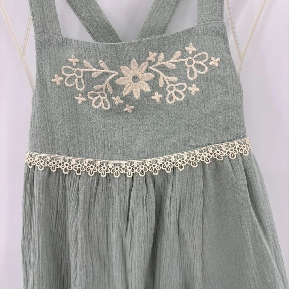 Rachel Zoe Dress Kids Size 4 Sage Green Floral Embroidered Lace Boho Cotton Cute